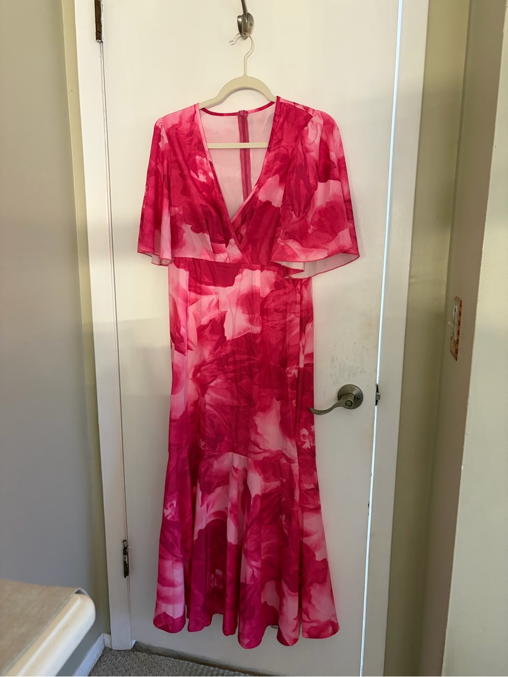 Feminine Pink Floral Wrap-Style Maxi Dress